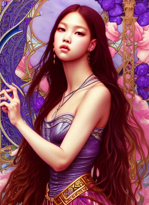 Image similar to jennie of blackpink, queen, tarot card, highly detailed, digital painting, smooth, sharp focus, illustration, ultra realistic, unreal engine, 8 k, art by artgerm and alphonse mucha