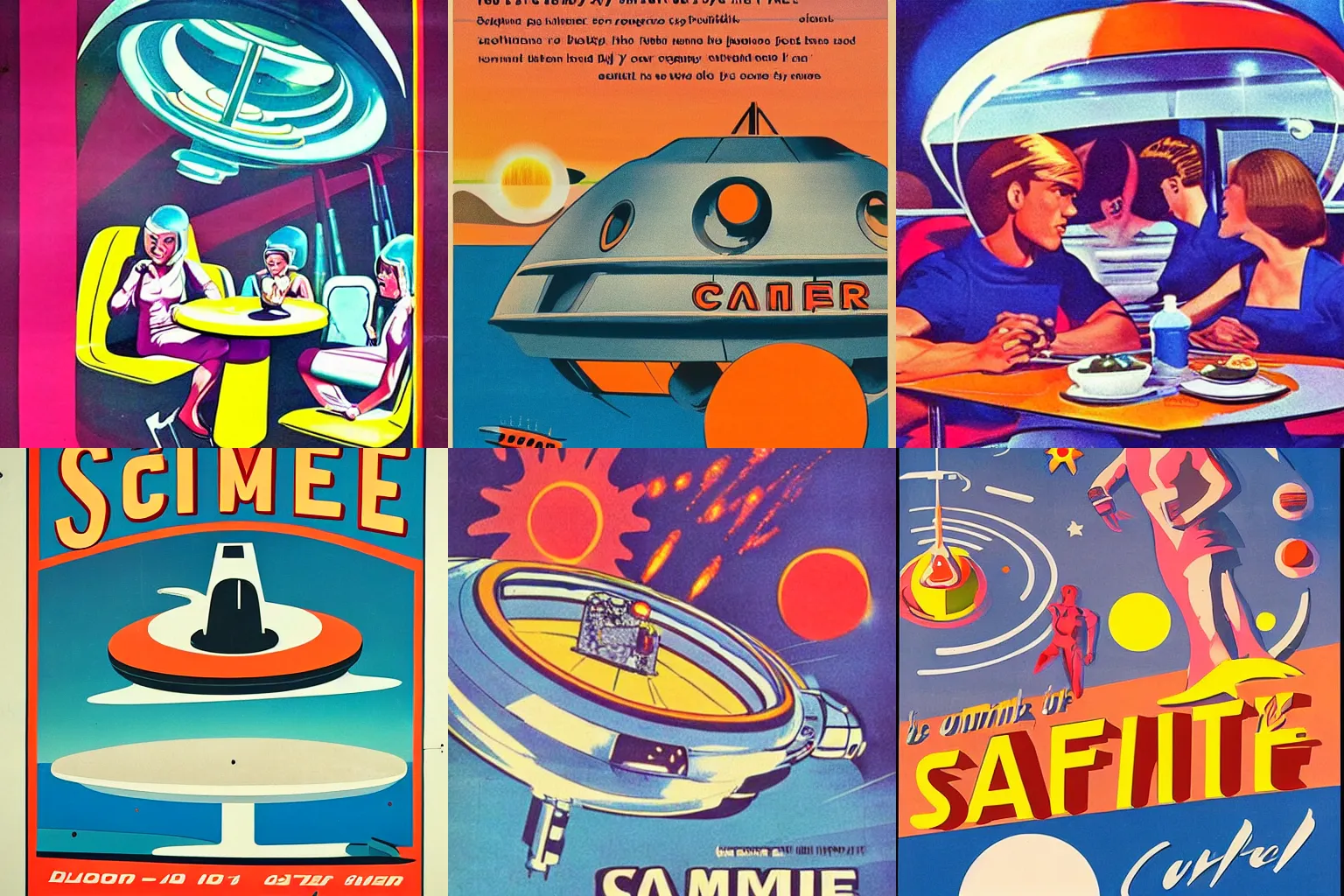 Prompt: 60s sci-fi poster of summer cafe on a spaceship, retrofuturism