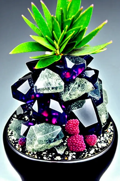 Image similar to crystals shaped like exotic berry shrubbery, potted plant made of gemstones