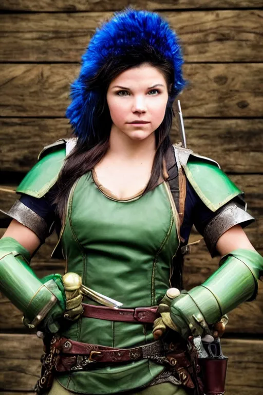 Image similar to fantasy character photo. female ranger. danielle campbell. brown dark forestgreen leather armor. jaunty, tilted, light - green, feathered little hat. black hair in ponytail. bright blue eyes. facial expression of manic obsessive love. leaning against the exterior wall of a tavern