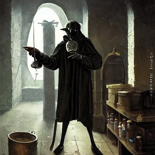 Prompt: plague doctor working in medieval apothecary wearing gloves, bird beak, magical alchemy laboratory, oil painting, by Greg Rutkowski