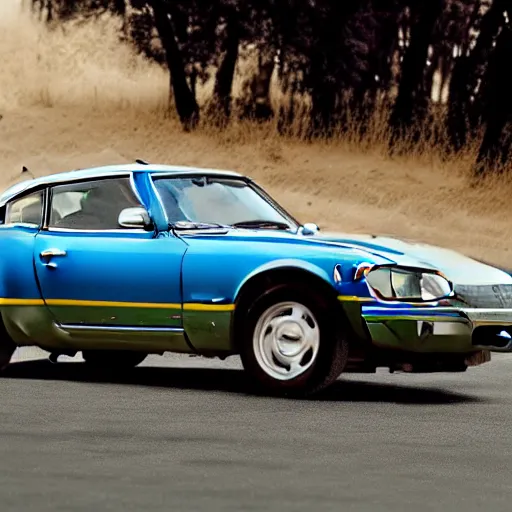 Image similar to a photorealistic image of a blue 1975 Datsun 260Z