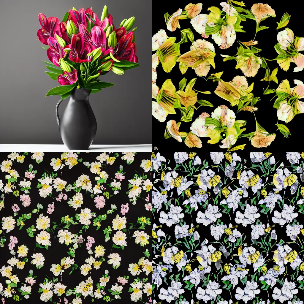 Prompt: Alstroemeria floral pattern, studio lighting, black background, Nikon D810 | ISO 64 | focal length 20mm (Voigtländer 20mm f3.5) | Aperture f/9 | Exposure Time 1/40