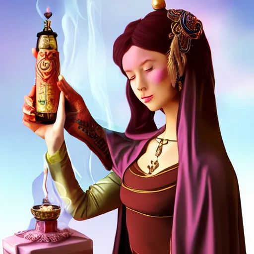 Prompt: a beautiful priestess holding an ornate bottle pouring smoke, concept art