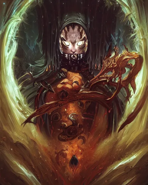 Image similar to Cat necronomancer, portrait, magic the gathering artwork, D&D, fantasy, cinematic lighting, centered, symmetrical, highly detailed, digital painting, artstation, concept art, smooth, sharp focus, illustration, volumetric lighting, epic Composition, 8k, art by Akihiko Yoshida and Greg Rutkowski and Craig Mullins, oil painting, cgsociety