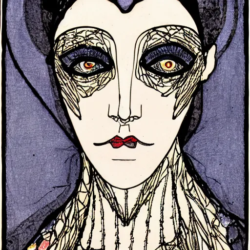 Image similar to illustration of a woman's face from front in style of harry clarke