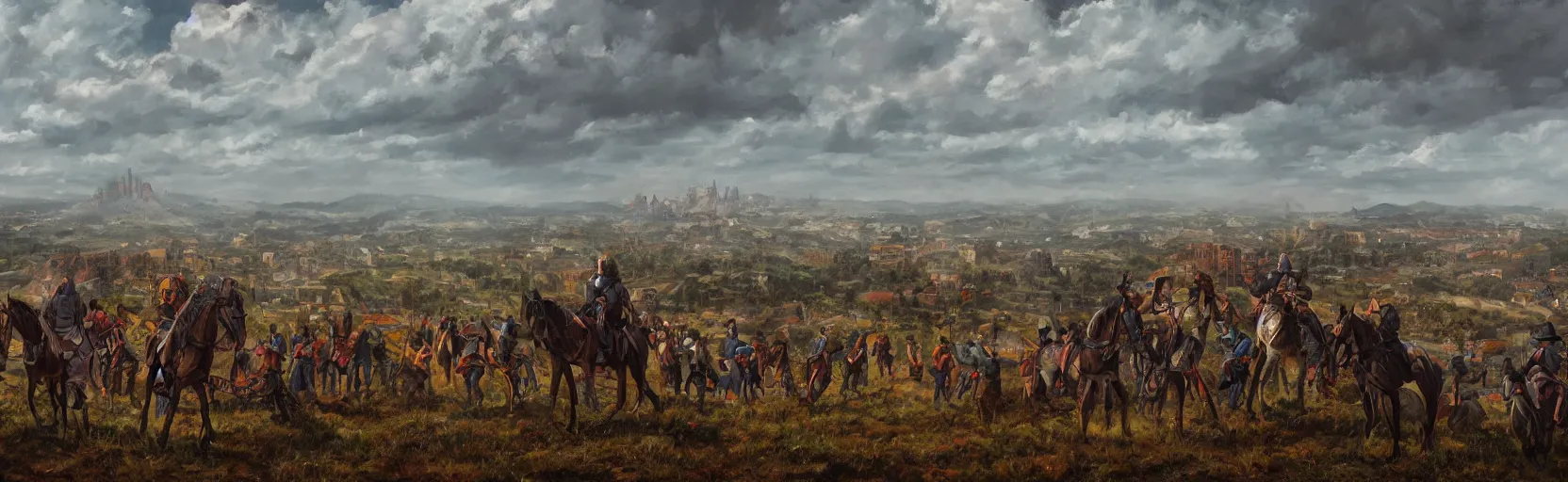 Prompt: horseback knights at scenic overlook; cloudy, grey skies, large tents in foreground, fortress city of deteriorating background on centered hill, post apocalyptic, grungy; oil on canvas, artstation, neon