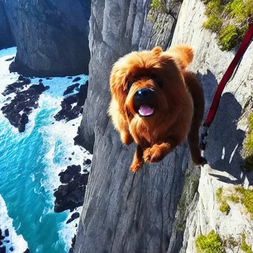 Image similar to a hairy dog with a big parachute jumping from a cliff. captured by a drone. wide camera. epic