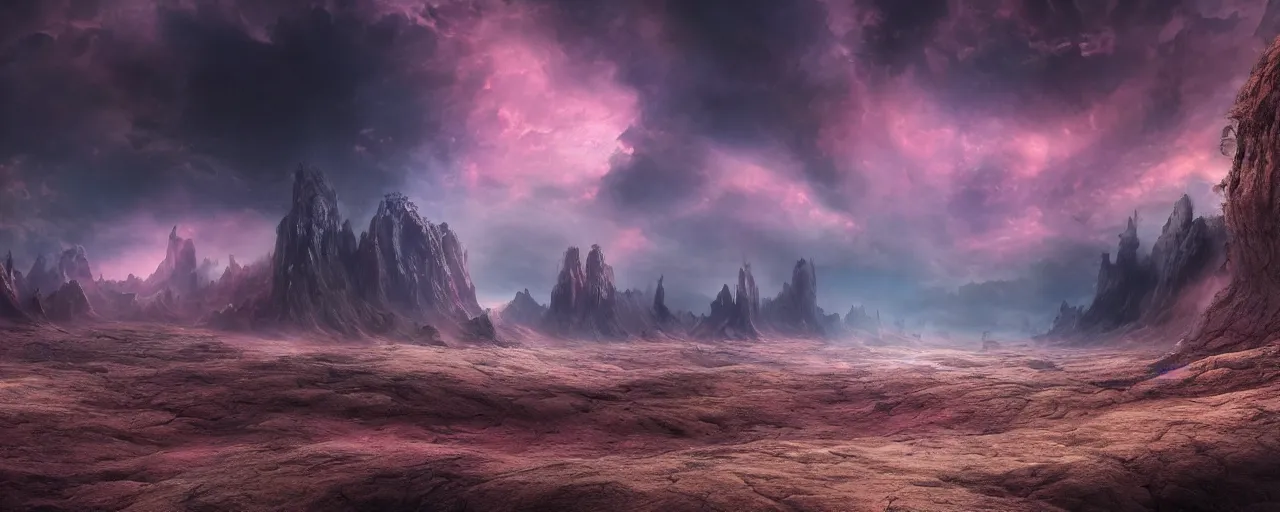 Image similar to otherworldly surreal landscape by wayne barlow, [ cinematic, colorful, epic, whimsical, fantasy, opening shot, establishing, mattepainting, 4 k ]