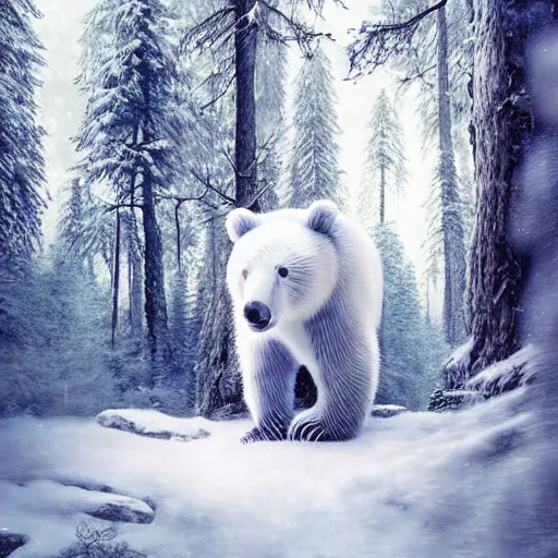 Image similar to A portrait of a white bear in a snowy forest, intricate abstract. intricate artwork. by Tooth Wu, wlop, beeple, dan mumford. octane render, trending on artstation, greg rutkowski very coherent symmetrical artwork. cinematic, hyper realism, high detail, octane render, 8k, iridescent accents