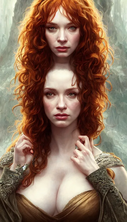 Image similar to christina hendricks, lord of the rings, sweaty insane, intricate, highly detailed, digital painting, artstation, concept art, smooth, sharp focus, illustration, unreal engine 5, 8 k, art by artgerm and greg rutkowski and alphonse mucha