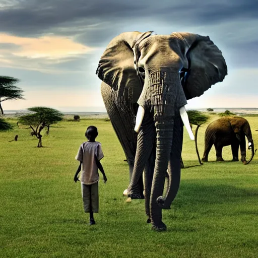 Image similar to a highly detailed panoramic photo by annie leibowitz of the serengeti. in the background a small boy next to an elephant with an extremely long trunk. 8 k, super resolution