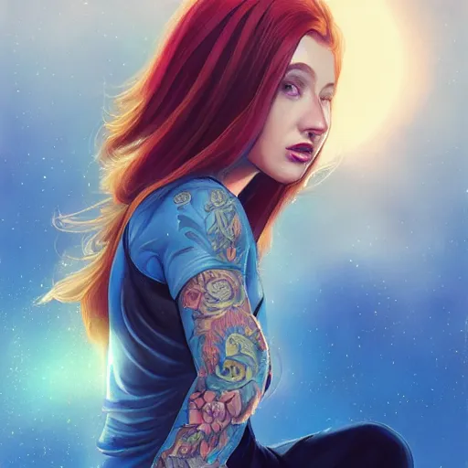 Prompt: a full body portrait of a beautiful tattooed redhead woman sitting, carrying a gun, a planet in the background. blue dress, light iridescent hair color, long windy hair style, fantasy, realistic, intricate, sharp focus, lens flare, bloom, rim light, illustration, highly detailed, digital painting, concept art, matte, art by ruan jia