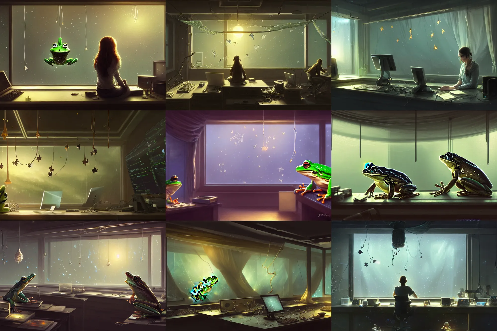 Prompt: a programming frog in a computer lab with glass walls seeing stars and hanging silk drapery and tapestries, light dust, magnificent, close up, sharp focus, elegant, highly detailed, illustration, by jordan grimmer greg rutkowski wlop maya takamura, intricate, trending artstation, pixiv, digital art