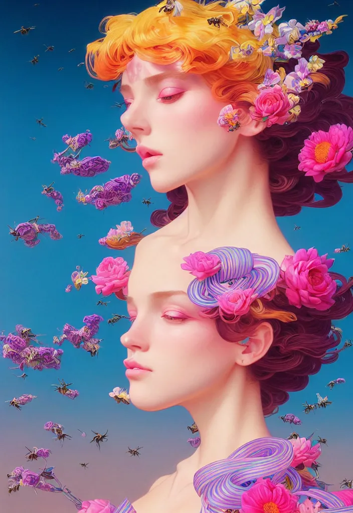 Image similar to young beautiful woman, gorgeous face, vaporwave aesthetic, synthwave, colorful, psychedelic, artstation, flowers, bees, ribbons, concept art, full - body, gown, smooth, extremely sharp detail, finely tuned detail, 8 k, unreal engine 5, ultra sharp focus, illustration, art by artgerm and greg rutkowski and alphonse mucha