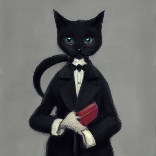 Prompt: a gentleman cat wearing a black jacket and a cap, art station