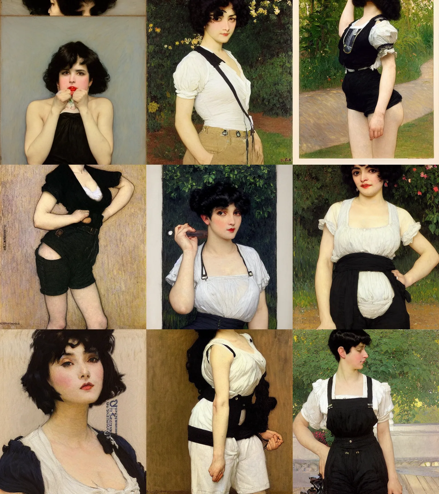 Prompt: a woman with black hair and long pixie haircut in shorts with suspenders and white t-shirt drawn by frederic leighton, gustave caillebotte, Alexandre Cabanel, norman rockwell, ralph bakshi, maler collier, peter paul rubens, alphonse mucha, gustav klimt 4k, unreal 5, DAZ, french noveau, trending on artstation, octane render, hyperrealistic