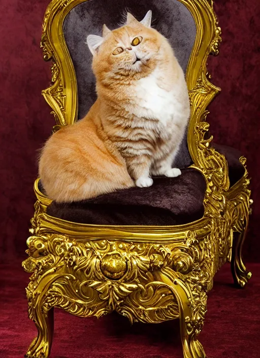 Image similar to a magnificent portrait of a fluffy fat cat on a precious embroidered velvet cushion on a neo - rococo gilded little bed with precious stones, ball of yarns all around, by david lachapelle, photorealistic, canon r 3, photography, wide shot, symmetrical features, symmetrical pose, wide angle shot, standing pose, feet on the ground