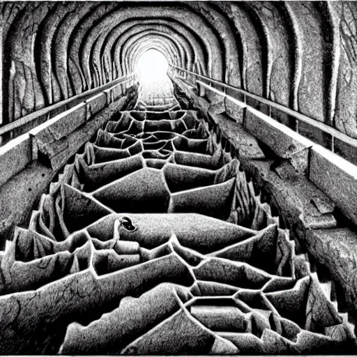 Prompt: a realistic horrible creature standing at the end of an abandoned mine, long tunnel, dream like atmosphere by M.C. Escher ,