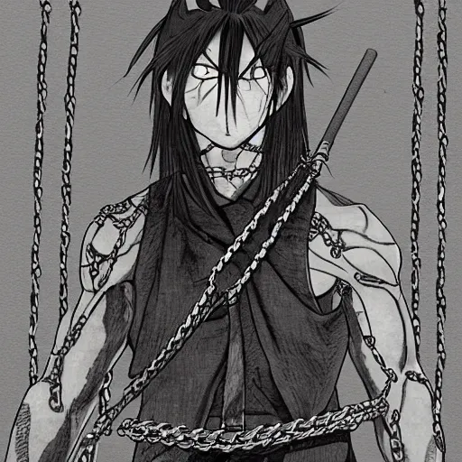 Image similar to A FULL BODY PORTRAIT FROM BEHIND OF TAKEZO FROM MANGA VAGABOND ,THE MAN KEEPS A KUSARIGAMA AND IT IS WRAPPED IN CHAINS ,detailed, concept art, ink style , sketch