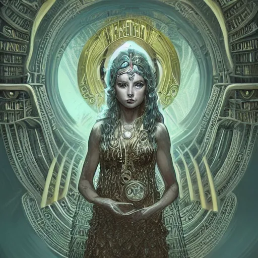 Image similar to a portrait of the goddess minerva surrounded by stacks of books, bioluminescent gown with deep level of detail of esoteric symbols, urban motifs, intricate, elegant, highly detailed, digital painting, trending on artstation, concept art, smooth sharp focus, illustration, art by artgerm and greg rutkowski, extremely high quality, surrealism