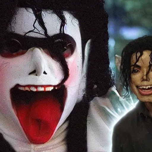 Prompt: the ghost of michael jackson haunting an amusement park, horror scene, hyper realistic