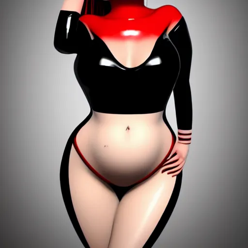 Image similar to a curvy pale goth woman wearing an elegant modest tight shiny red-black striped latex high-neck dress, cgsociety, photorealistic, sublime-cool-hot-hyperadvanced, 16k, smooth, sharp focus, trending on ArtStation, volumetric lighting, fully clothed, thin waist