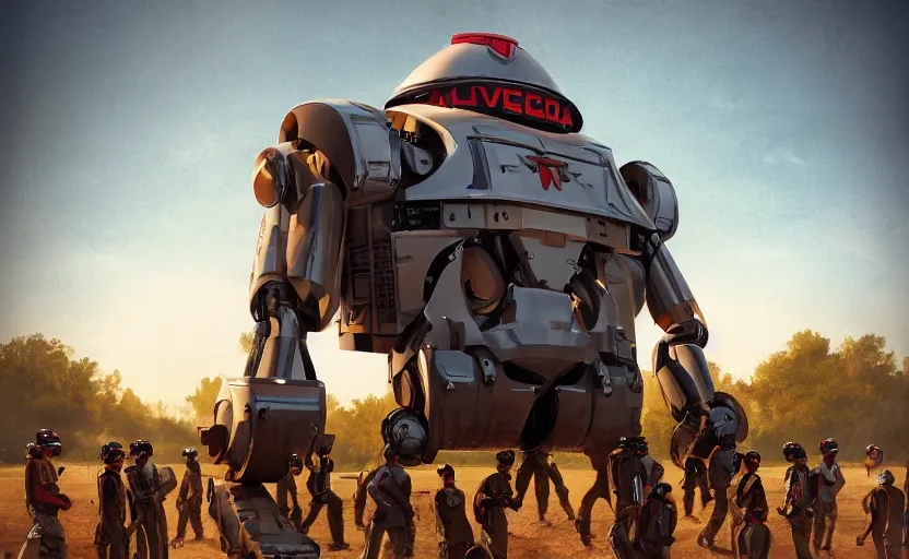 Image similar to american rednecks hail the invasion of gigantic human - like robots in maga baseball caps, artstation hq, stylized, symmetry, modeled lighting, expressive, studio photo refined, highly detailed, hyper realistic, top secret photos from military archive