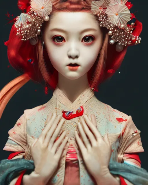 Image similar to detailed photo of pearl japanese doll, beautiful clothes, innocent, elegant red dress, 8 k, by tristan eaton, stanley artgermm, tom bagshaw, greg rutkowski, carne griffiths, trending on deviantart, hyper detailed, glorious lighting, epic environment