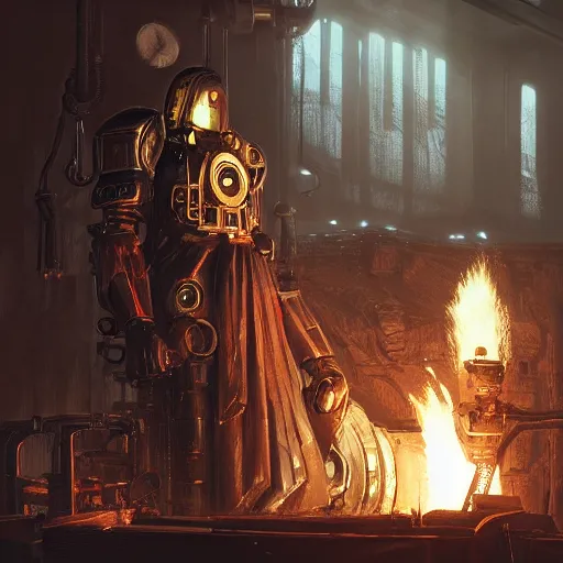 Image similar to portrait of adeptus mechanicus techpriest at a forge, by cedric peyravernay and feng zhu, highly detailed, excellent composition, cinematic concept art, dramatic lighting, trending on artstation