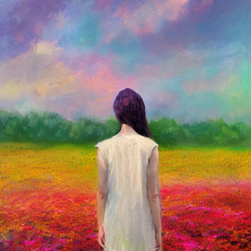 Prompt: woman standing in flower field, mattepainting, artstation, impressionism, blooming flower head