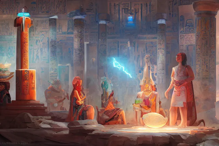 Prompt: energetic healing chamber watched over by the egyptian pantheon, tooth wu, dan mumford, beeple, wlop, rossdraws, james jean, marc simonetti, artstation giuseppe dangelico pino and michael garmash and rob rey and greg manchess and huang guangjian and makoto shinkai