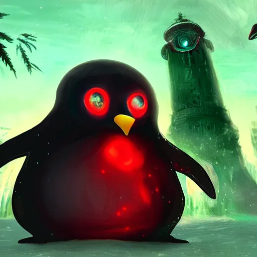 Image similar to penguin with red glowing eyes in front of a green glowing tower in the background, guild wars 2 art style