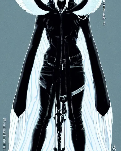 Image similar to standing Nordic demigod White-long-hair, large hooded black mantle, skull trinket on waist, muscular elegant. Shiny silver Scythe on his back. Perfect face, fine details. by Ilya Kuvshinov katsuhiro otomo ghost-in-the-shell, magali villeneuve, artgerm, rutkowski, WLOP Jeremy Lipkin and Giuseppe Dangelico Pino and Michael Garmash and Rob Rey