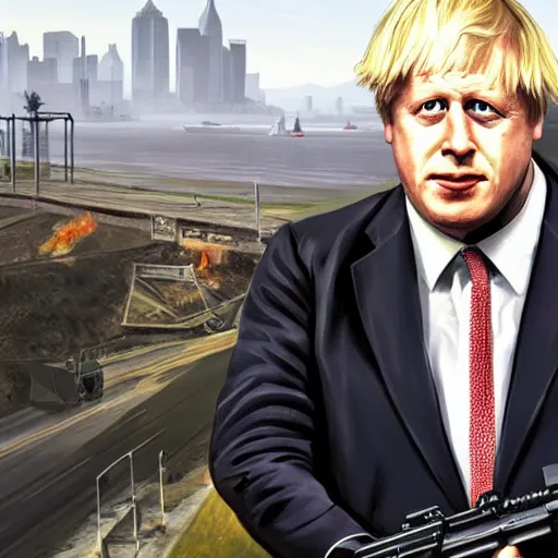 Image similar to Boris Johnson in GTA 5, cover art by Stephen Bliss, boxart, loading screen
