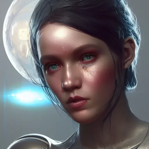 Image similar to space girl, 8 k uhd, unreal engine, reflected chrome, octane render in the artstyle of greg rutkowski tom bagshaw, unreal engine 5, highly detailed face, true anatomy!, extremely detailed!, fishnets, dystopian, details visible, octane render