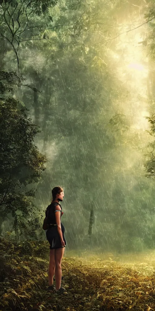 Image similar to a photorealistic cyborg, in a beautiful forest with sunshine and tropical rain clouds, golden hour, trending on theater, 4K, cinematic, cinematograhic lighting, UHD, HDR