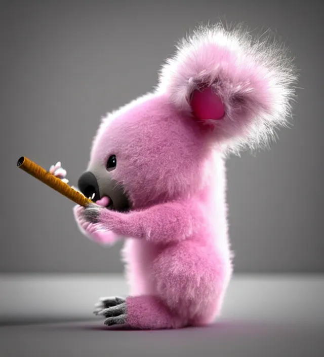 Prompt: high quality 3 d render hyperrealistic very cute small pink koala smoking weed joint, smoke rising from the joint, plush mascot, short spiky dense fluffy smooth hair, photo from the side, pink fluffy fur, 1 5 0 mm, beautiful natural soft light, rim light, smooth background, artstation, ultra detailed, elegant, ultra detailed, metallic armor, octane render