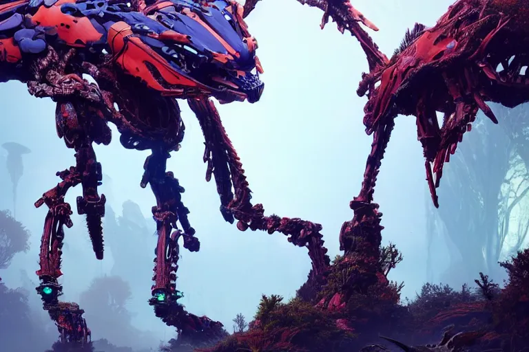 Image similar to a hyper detailed fanghorn evangelion realistic mechanical and organic creature similar look as horizon forbidden west horizon zero dawn, bioluminiscence in a dark deep forest at dawn in spring, with reflection and textures, by kilian eng, substance painter reaslitic mech surface metal painted scratches,