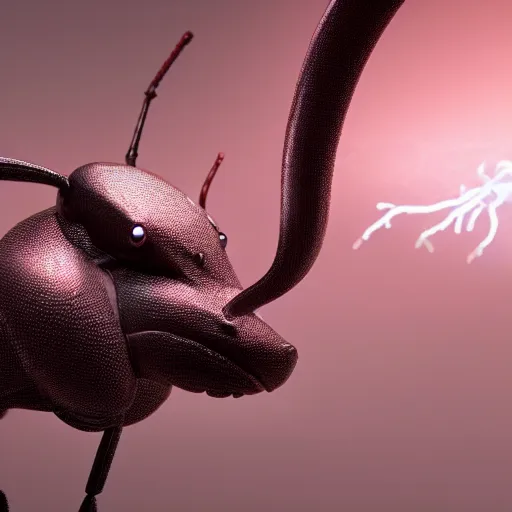 Image similar to a close up shot of an ant struck by bioluminecent lightning, 88mm, octane render, cinematic lightning, artstation, hyperrealistic, extremely detailed, 8k render