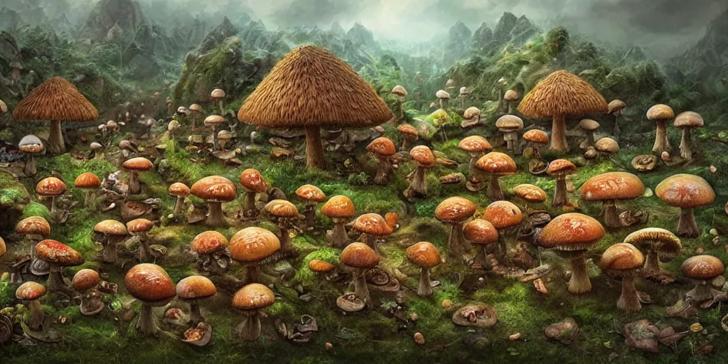 Image similar to mushroom village by max hay, intricate, detailed, photorealistic imagery, artstation