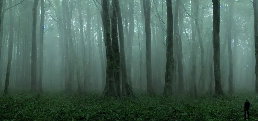 Image similar to a complex organic fractal 3 d ceramic humanoid megastructure in a lush forest, foggy, cinematic shot, photo still from movie by denis villeneuve