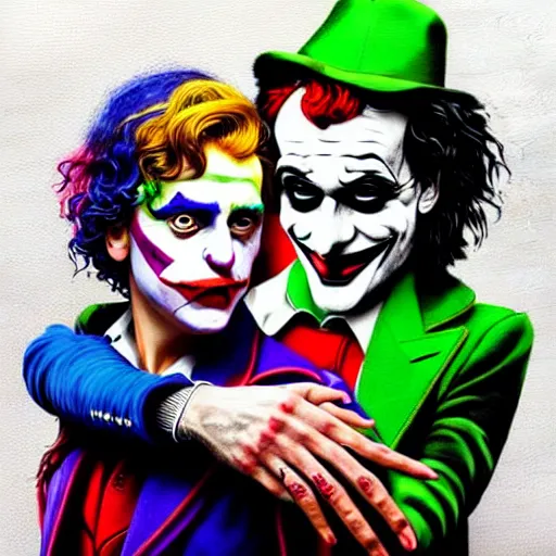 Image similar to ilya yefimovich repin and mimmo rottela and banksy as joaquin phoenix skinny joker, holding hand, lady gaga harley queen, ultra photorealistic, intricate details, pop art style, concept art, confident posse, justify content center, 2 colours, warm color, 4 k, ultra smooth, sharp focus