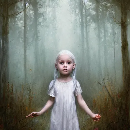 Image similar to a painting of a beautiful little girl in a white dress, white hair, bare foot, pretty symmetrical face, in the middle of a strange forest by Seb McKinnon and WLOP