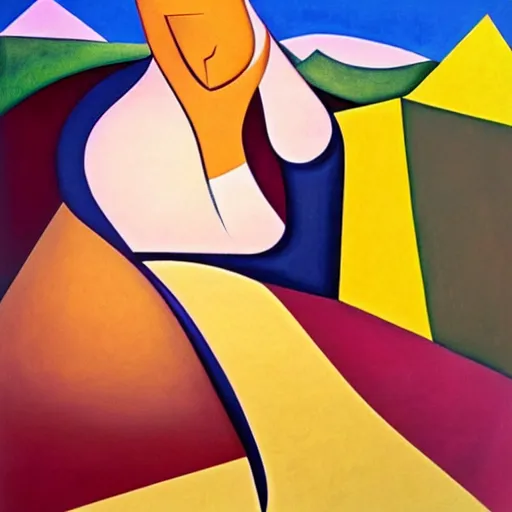 Image similar to woman woman as the natural landscape, her curves form the mountains and rivers of this land , high quality art in the style of cubism and georgia o’keefe,