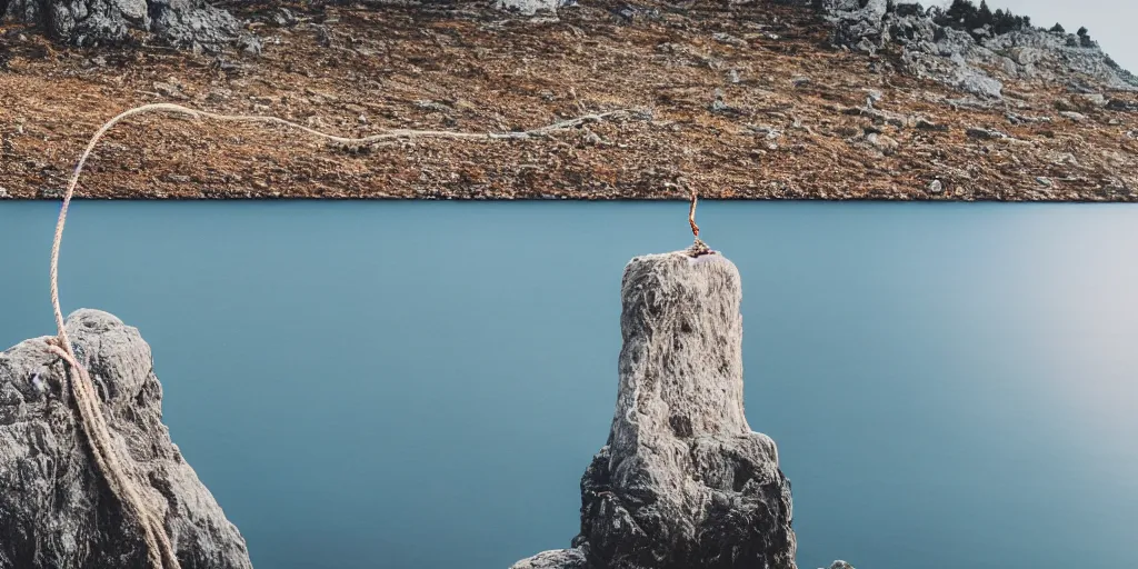 Prompt: cinematic shot of a lake with a rope floating in the middle, a rocky foreground, sunset, a bundle of rope is in the center of the lake, eerie vibe, leica, 2 4 mm lens, 3 5 mm kodak film, f / 2 2, anamorphic