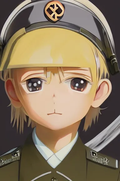 Image similar to beautiful little blonde boy in nazi male uniform. made in abyss art style, cute detailed artwork, anatomically correct, soft details, ilya kuvshinov, reflection, perfect composition, wallpaper mobile, illumination, digital art, detailed anime soft face, symmetrical face, western comic, illustration, realistic, nazism, lois van baarle