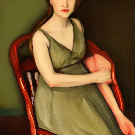 Image similar to a painting of a woman sitting on a chair, a character portrait by lydia field emmet, behance contest winner, figurative art, pre - raphaelite, studio portrait, photoillustration