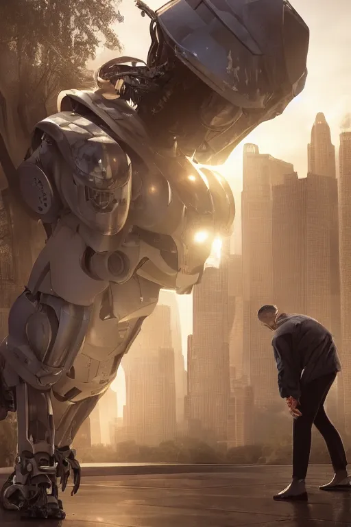 Image similar to a large robot bend down on one knee to comfort a lost child in the city, , strong imagery, highly detailed, by Sung Choi, Johnson Ting, Maxim Verehin, Peter Konig, f, photorealistic , cinematic lighting, HD, high detail,