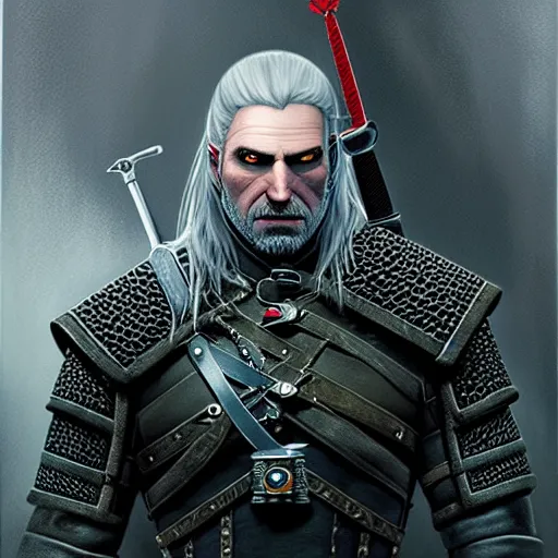 Image similar to a portrait of witcher, geralt of rivia with mordor in the background painting by elisabeth jerichau - baumann. painting, oil on canvas, horizontally symmetric